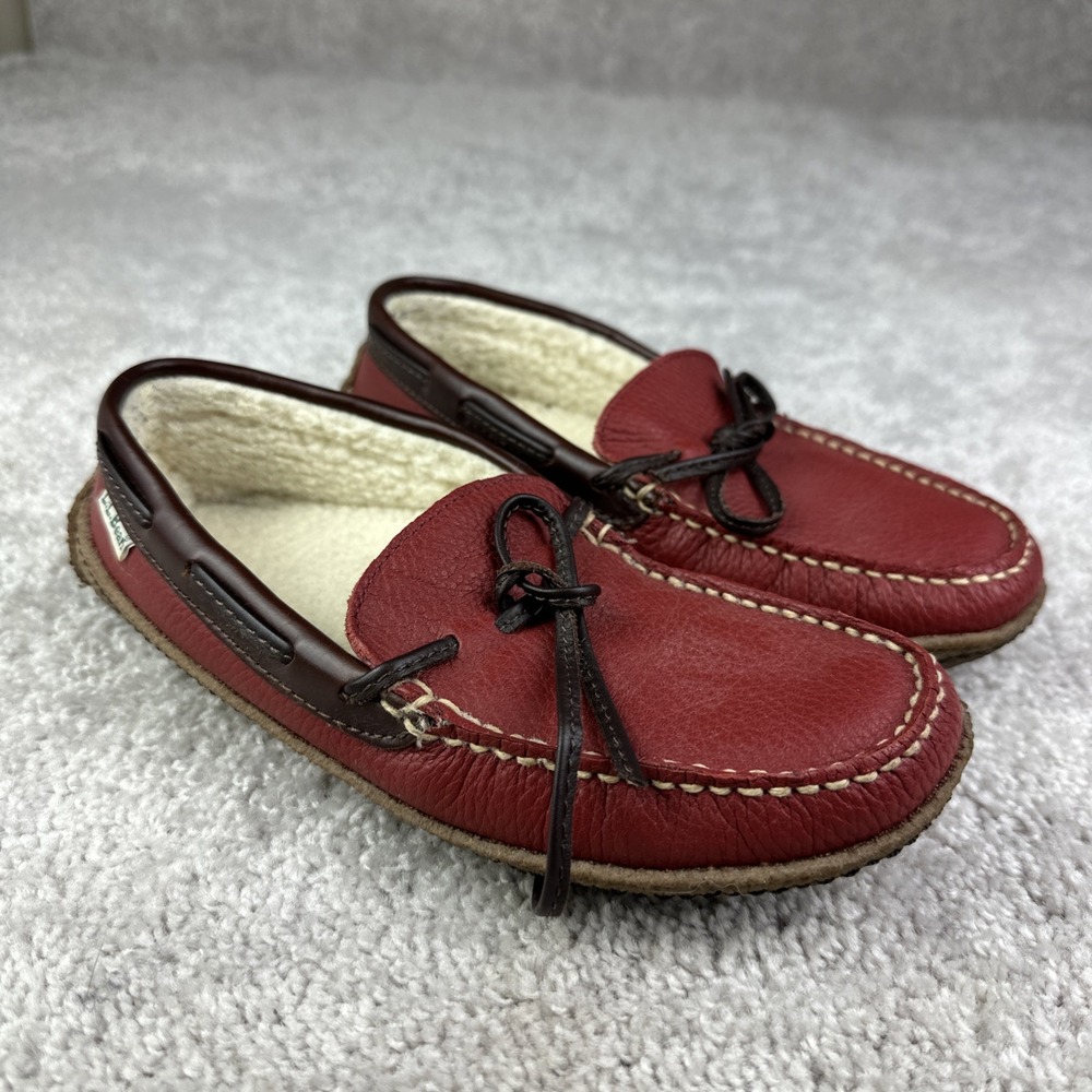 LL Bean Slippers Moccasins Red Leather Sherpa‎ Lined Driving Shoe Womens 6 M